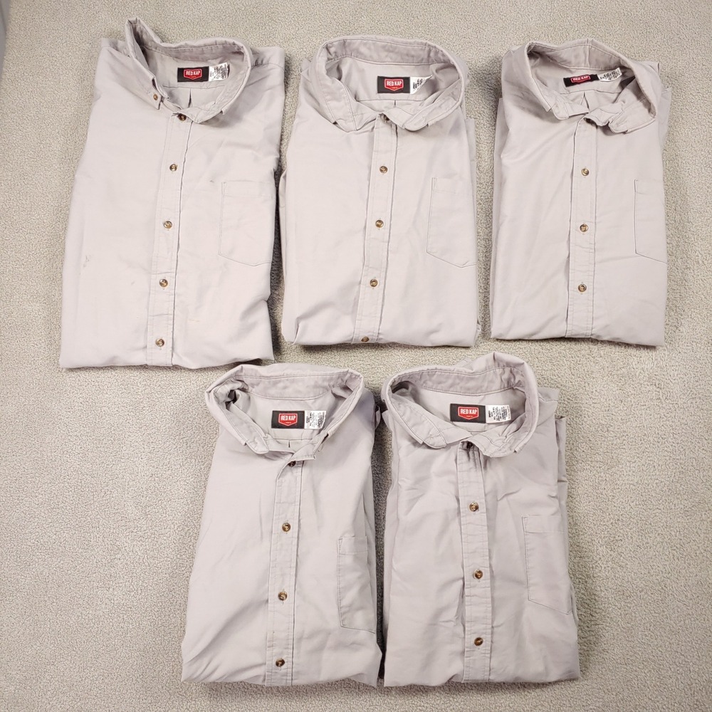 Lot of 5 Red Kap Button Down Shirts - Men's XL Tan Short Sleeve Workwear Uniform